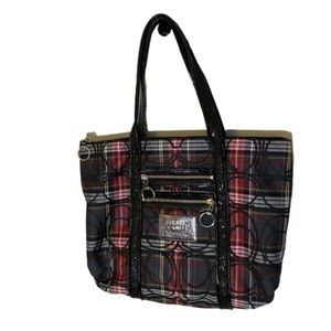 Coach Poppy Glam Red Tartan Plaid Signature Tote Shoulder Bag Purse